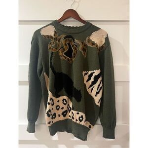 Vintage ZADOURIAN Tricots Paris animal print knit sweater Green Leopard Print ca